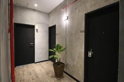 a hallway with two black doors and a potted plant at 68 Boutique Hotel in Sitiawan