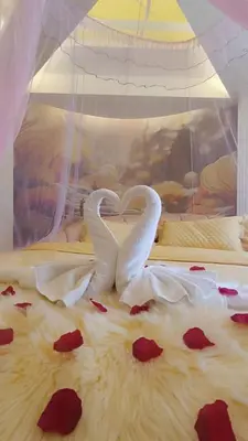 two swans forming a heart on a bed with roses at Rocky Farm in Ipoh