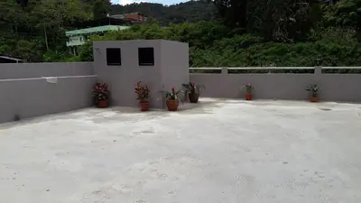 a patio with potted plants and a white wall at TULIP HOTEL & APARTMENT in Cameron Highlands