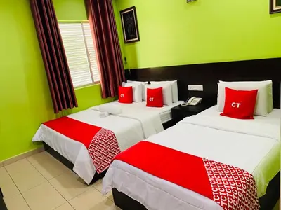 two beds in a green room with red pillows at Ct Hotel in Sitiawan