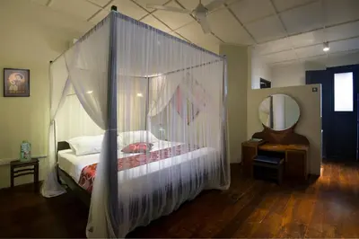 a bedroom with a canopy bed and a mirror at Noordin Mews in George Town