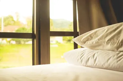 a bed with pillows sitting next to a window at Traveller Bunker Hostel 1 in Cameron Highlands