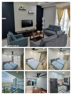 a collage of four pictures of a living room at Sekinchan PaddyView Homestay \u9ad8\u697c \u770b\u7a3b\u7530 \u9633\u53f0\u6c11\u5bbf in Sekincan