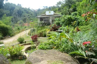 a garden with a house in the middle of a hill at Moonriver Lodge in Cameron Highlands