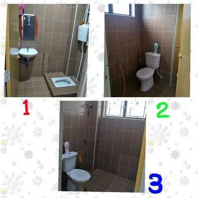 two pictures of a bathroom with a toilet and a sink at D Corner Islam Homestay in Kuala Kangsar