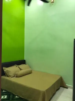 a room with a bed with a green wall at Safwa Homestay Bagan Serai in Bagan Serai
