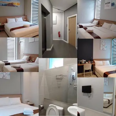a collage of four pictures of a hotel room at MD Boutique Hotel in Kampar