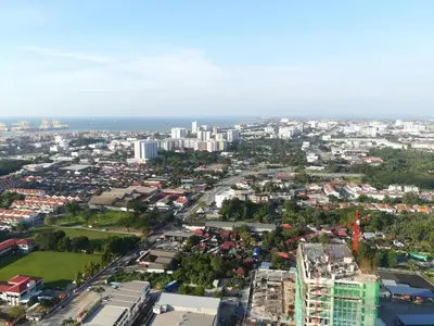 an aerial view of a city with buildings at Mevin Woodsbury Butterworth Homestay in Butterworth