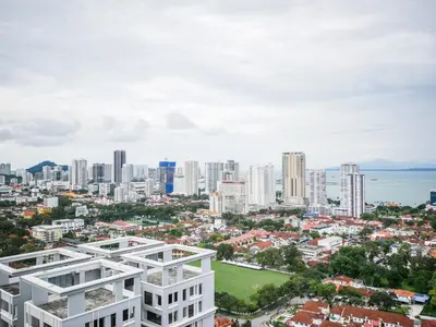 an aerial view of a city with tall buildings at Casita 22, 218 Macalister Georgetown City & Seaview in George Town