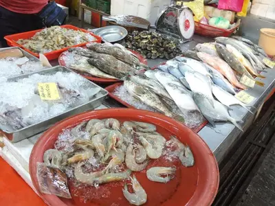 a table filled with lots of different types of fish at Minima 8 in George Town