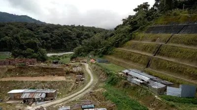 an aerial view of a farm with a dirt road at SKY PURPLE @CH in Tanah Rata