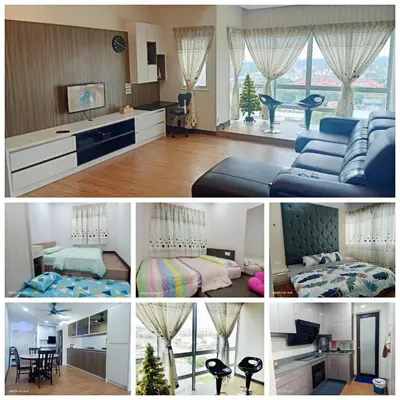 a collage of four pictures of a bedroom at Sekinchan Paddy via Seaview Home \u9ad8\u697c \u770b\u6d77 \u7a3b\u7530 \u6c11\u5bbf in Sekincan