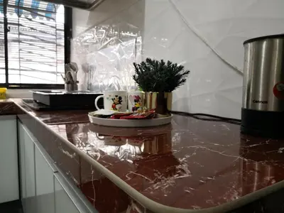 a kitchen counter with a cup and a potted plant on it at Hutan Melintang Homestay 12Pax Walk to 7Eleven KFC by willson in Hutan Melintang