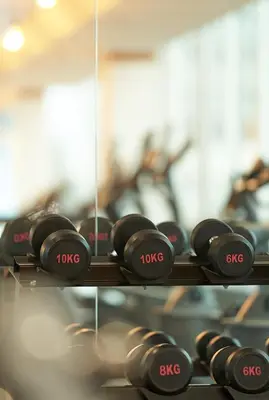 a row of dumbbells in a gym at Urban H Hotel in George Town