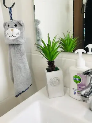 a bathroom counter with a towel and a plant at SUNRISE Gurney Seaview Luxury Duplex in George Town