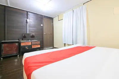 a bedroom with a bed and a television in it at Hotel O Ombak Inn Chalet in Pangkor