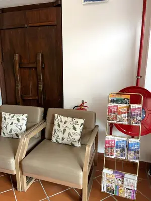 a room with a chair and a book shelf with books at Mclane Boutique Hotel in George Town