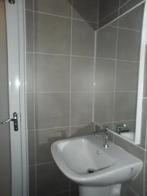 a bathroom with a white sink and a shower at Austin Homestay in Ipoh