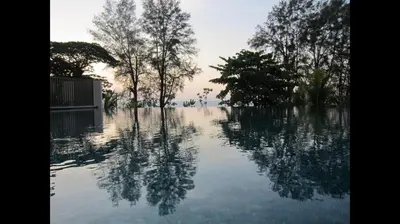 a pool of water with trees in the middle at By the sea Duplex penthouse baby in Batu Ferringhi