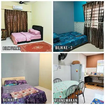 four different pictures of a room with a bed and a refrigerator at RIZQI HOMESTAY Sungai Siput with Wifi! Islamic Guest Only! in Kampong Rimba Panjang