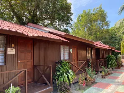 a row of wooden houses with plants in front of them at PANGKOR PURNAMA CHALET in Pangkor