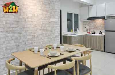 a kitchen with a wooden table and chairs in a room at H2H - Neo Casual - Majestic Ipoh Town Center - 8pax in Ipoh