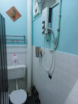 a bathroom with a toilet and a shower at LUNAS DIY HOMESTAY in Lunas
