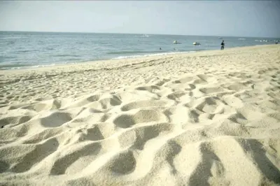 a beach with footprints in the sand and the ocean at EXECUTIVES Pantai Seaview Batu Ferringhi 2704 - 2 Bedrooms in Batu Ferringhi