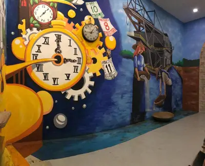 a mural of a clock on a wall at Winggarden Murals House by JE Boutique Guesthouse in Ipoh