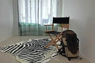 a backpack sitting next to a chair and a zebra rug at be.Animania -8-10mins Lost World Tambun -14-18pax in Ipoh