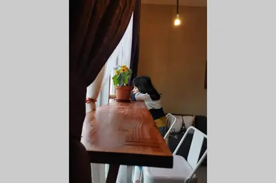 a woman sitting at a table with a potted plant at LOVE LODGE BRINCHANG, CAMERON HIGHLANDS in Tanah Rata
