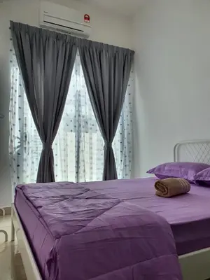 a bedroom with a purple bed and a window at Homestay D'Bertam, Kepala Batas, Penang, Muslim Saja in Kepala Batas