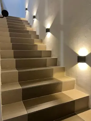 a staircase with lights on the side of a building at As Syifaa Homestay Mslim only in Ipoh