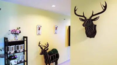 a wall with two deer heads on the wall at Mansion One Peaceful Homestay in George Town