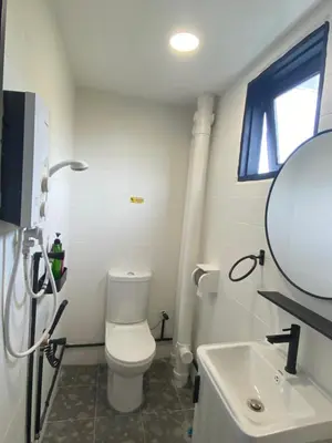 a bathroom with a toilet and a sink and a mirror at Aurora Court Service Apartment in George Town