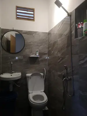 a bathroom with a toilet and a sink and a mirror at Denai Senja in Kuala Selangor