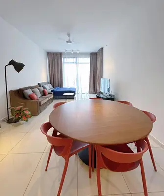 a living room with a wooden table and chairs at 2BR Georgetown Luxury Suite #RoofTopPool #Beacon in George Town