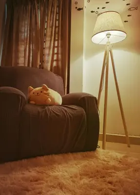 a cat pillow sitting on a chair next to a lamp at Cozy Suite for 2-6 pax near Kek Lok Si, Penang Hill, Sunshine Central in Ayer Itam