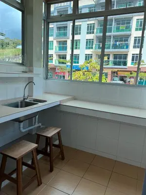 a kitchen with two stools and a sink and a window at Jarzmin Double Story Homestay @ Royal Lily in Tanah Rata