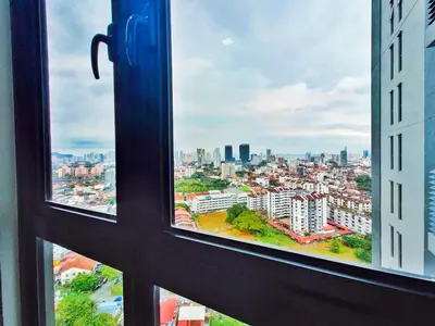 a view of a city from a window at New Georgetown Modern City View 2BR Homestay for 10pax \u65e0\u654c\u7f8e\u666f\u4e24\u623f\u6c11\u5bbf Beacon Executive Suite in George Town