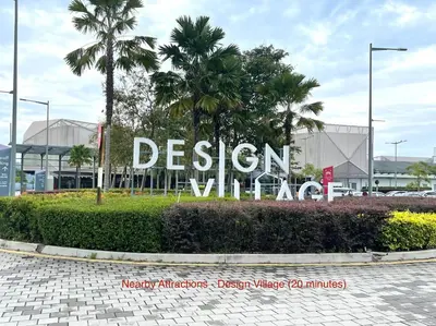 a sign in front of a building with palm trees at Entire 33 Cozy House • 3 Bedroom @ Alma Bukit Mertajam in Bukit Mertajam