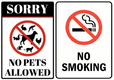 two signs that say sorry no pets allowed and no smoking at ●T11●2Pax●Studio●5min●Queensbay●Pg Bridge View● in Bayan Lepas