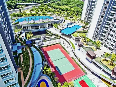 an aerial view of a city with a tennis court at ●T11●2Pax●Studio●5min●Queensbay●Pg Bridge View● in Bayan Lepas