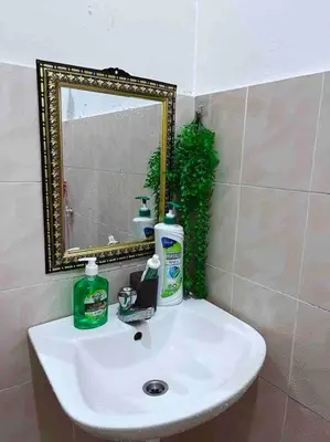 a bathroom with a sink with a mirror and soap at Rose Homestay in Sitiawan