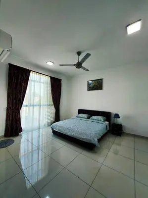 a bedroom with a bed and a ceiling fan at ●STG12●3-Storey●Private House●2step Access Garden● in Bayan Lepas