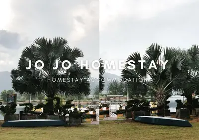 a collage of two photos of a park with palm trees at Jo Jo Homestay @ Marina Island Laguna in Lumut