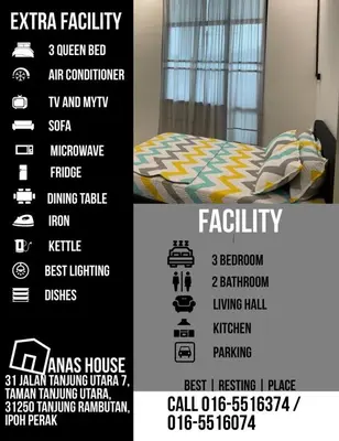 a sign for a bedroom with a bed and a sign for a facility at Anas House in Tanjung Rambutan