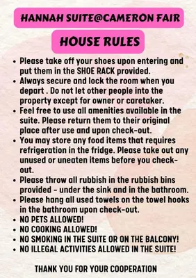 a poster of a house rules at Hannah suite at cameronfair in Cameron Highlands