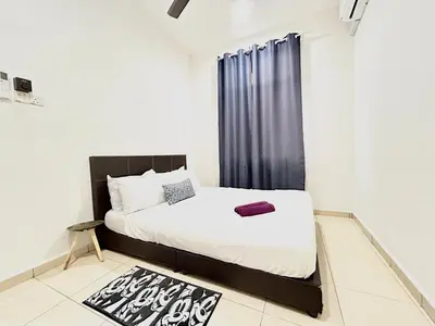 a bedroom with a bed and a black curtain at Cozy 288 Entire 3 bedroom House @ Alma Bukit Mertajam in Bukit Mertajam
