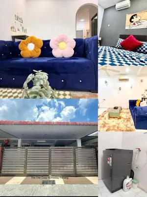 a collage of pictures of a blue couch with flowers on it at Cozy Murni 14th Entire 3 Bedroom House at Alma Bkt Mertajam in Bukit Mertajam